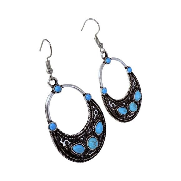 Faux Turquoise Silver Tone Dangle Earrings 2.5" Bohemian Boho Chic Southwestern - Picture 2 of 11